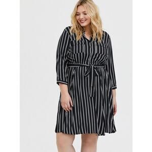 Torrid Mini Challis Button-Front Shirt Dress Black White Striped Vertical Stripe